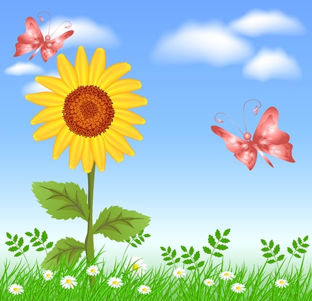 Sunflowers, grass, clouds and butterfliesのイラスト素材