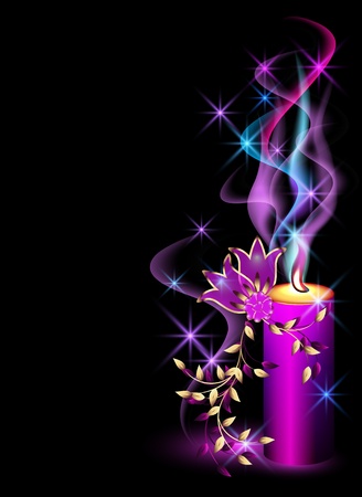 Burning candle, smoke, stars and flowersのイラスト素材