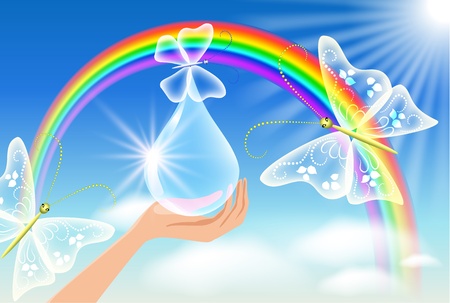 The hand holds a transparent butterfly against a rainbow. Symbol of environmental protectionのイラスト素材