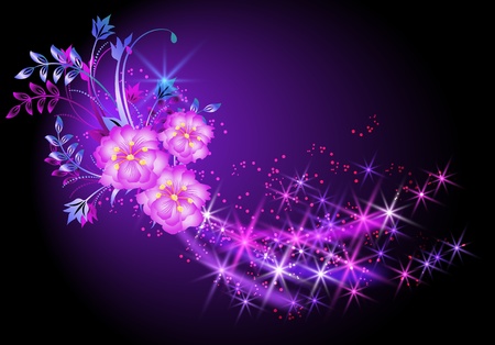 Glowing background with flowers and starsのイラスト素材