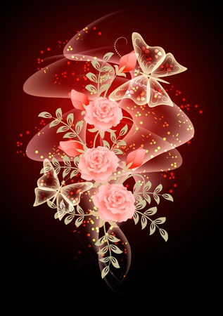 Glowing background with smoke, flowers and starsのイラスト素材