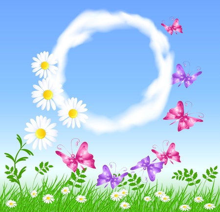 Camomiles on the green grass, butterflies and cloudsのイラスト素材