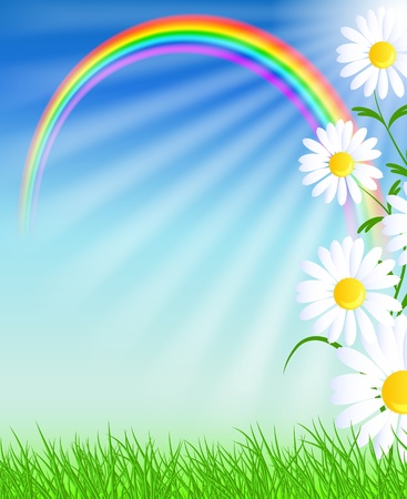 Camomiles, rainbow and blue skyのイラスト素材