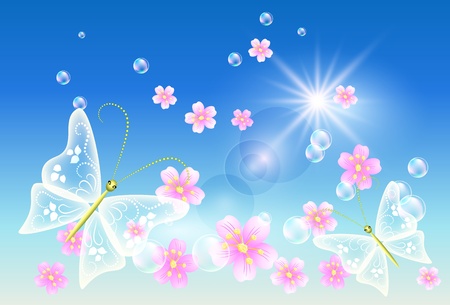 Flowers and  butterflies  in the skyのイラスト素材
