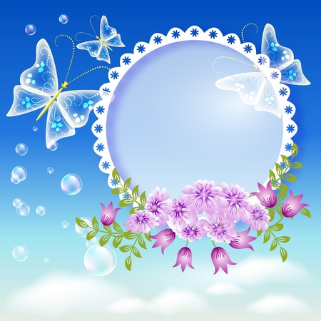 Flowers, butterflies  in the sky and foto frameのイラスト素材