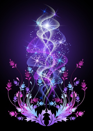 Glowing background with smoke, flowers and starsのイラスト素材