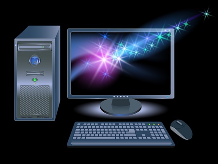Computer, monitors, mouse and keyboard with shining starsのイラスト素材