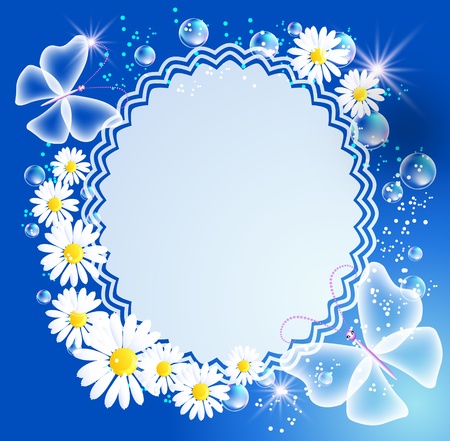 Magic background with daisy, butterfly, frame and a place for text or photo.のイラスト素材