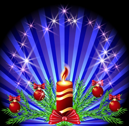 Christmas lighted candle and fir branches with ballsのイラスト素材