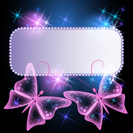 Glowing background with billboard, transparent butterfly and stars のイラスト素材