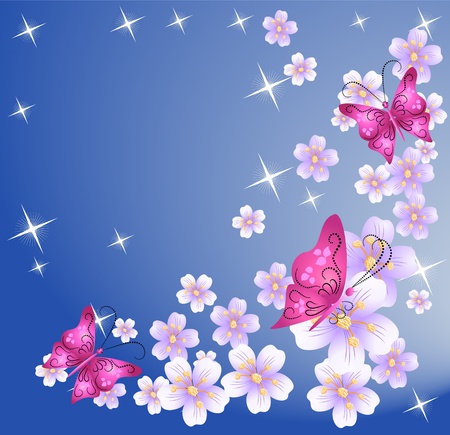 Floral background with butterfly and starsのイラスト素材