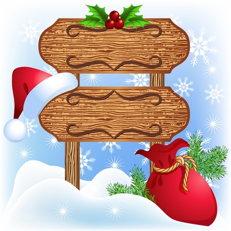 Christmas wooden signboard with santa hat and bagのイラスト素材