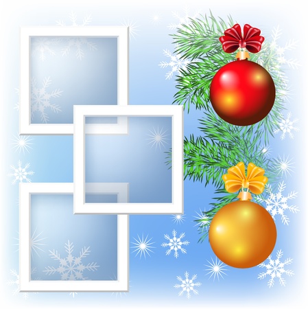 Page layout photo frame with red and yellow Christmas ballsのイラスト素材