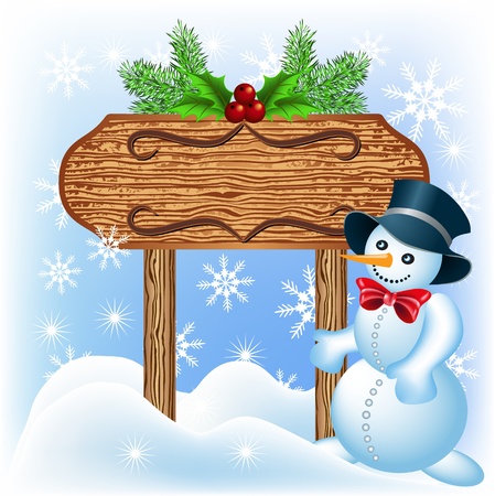Christmas wooden signboard with Snowmanのイラスト素材