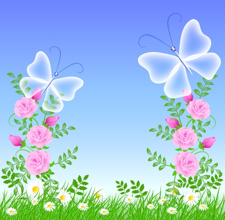 Roses on the green grass and butterfliesのイラスト素材