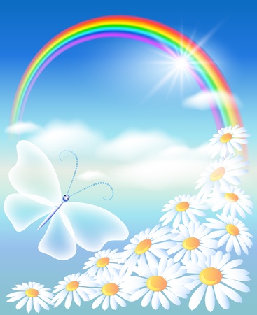 Rainbow, flowers and butterfly in the skyのイラスト素材