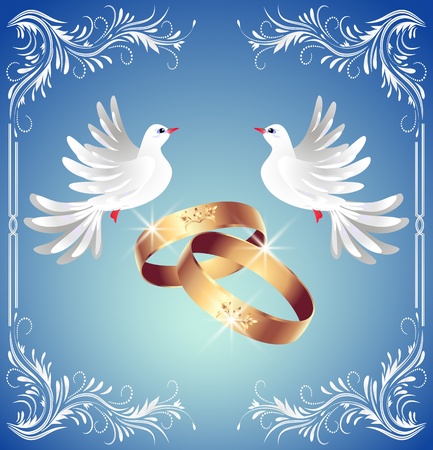 Card with wedding rings and two doves in ornament frameのイラスト素材
