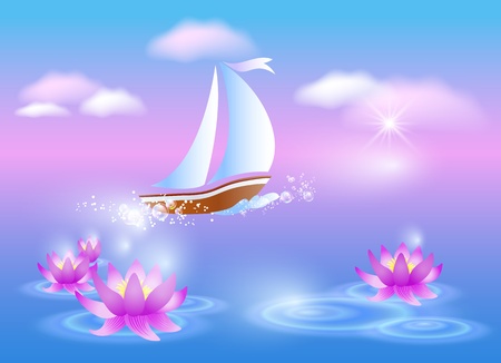 Sailing boat and violet lilies against a pink dawnのイラスト素材