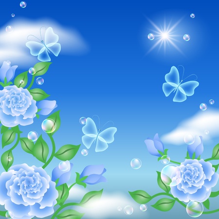 Butterfly and blue roses in the skyのイラスト素材