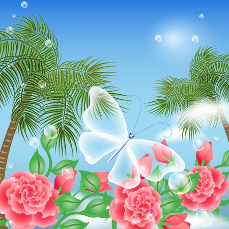 Landscape with palm trees, flowers and transparent butterfly  のイラスト素材