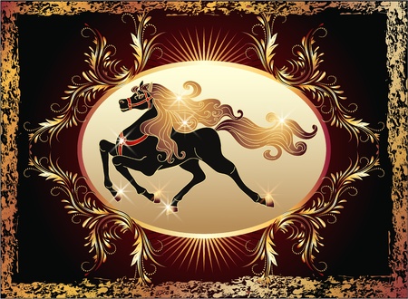 Galloping black horse with golden mane and luxurious ornamentのイラスト素材