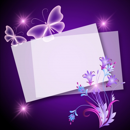 Glowing background with paper, flowers and butterflyのイラスト素材