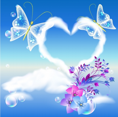 Clouds heart in the sky, flowers and two butterfliesのイラスト素材