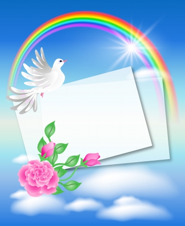 Dove with letter in the sky and rainbowのイラスト素材