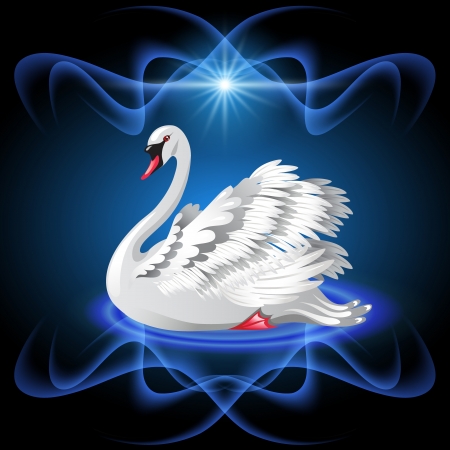 Elegant white swan on blue background  and starのイラスト素材