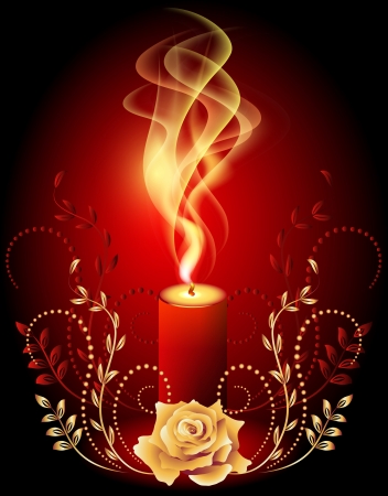 Burning candle with smoke and golden ornamentのイラスト素材