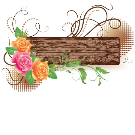 Abstract wooden signboard with decorative rosesのイラスト素材