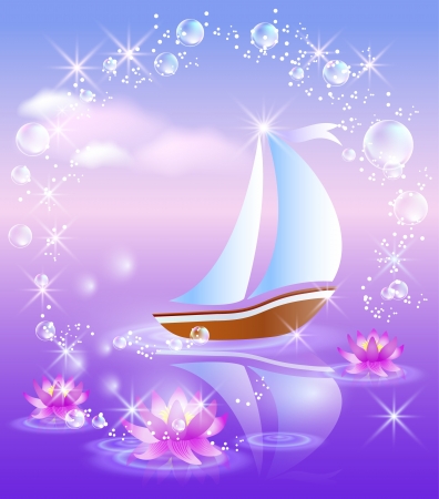 Sailing boat and violet lilies against purple sunsetのイラスト素材