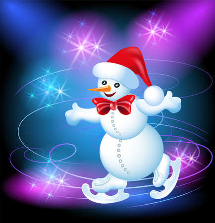 Happy and merry Snowman in a hat on a skating rinkのイラスト素材