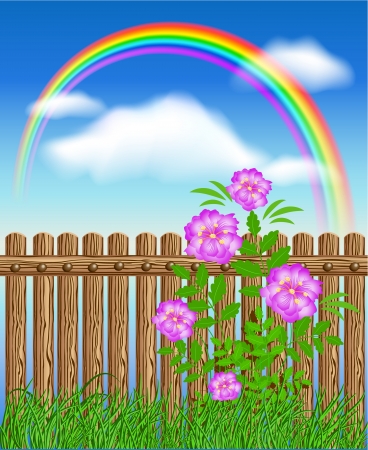 Wooden fence on green grass with flowers against the skyのイラスト素材