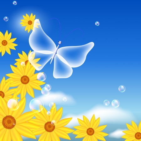 Butterfly and flowers in the skyのイラスト素材