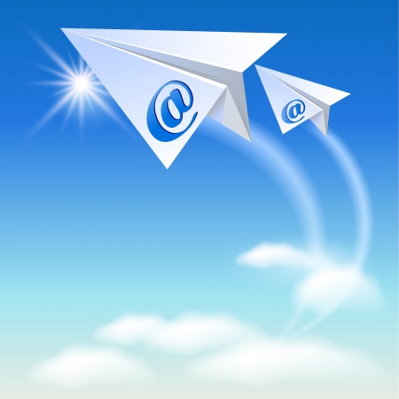 Two paper airplane with e-mail sign flying up in the skyのイラスト素材