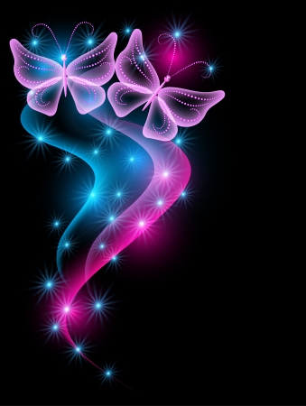 Glowing background with smoke, stars and butterfliesのイラスト素材