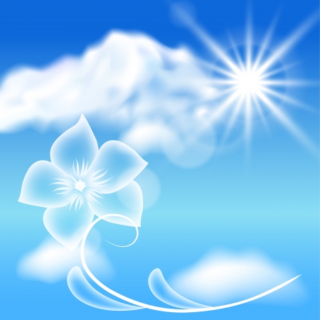 Clouds, sun and transparent flowers in the blue skyのイラスト素材