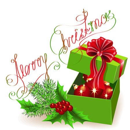 Christmas gift box with fur-tree branch and text Merry Christmasのイラスト素材