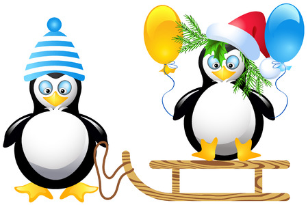 Funny penguins with balloons sleddingのイラスト素材