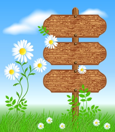 Wooden signboard on the meadow with flowersのイラスト素材