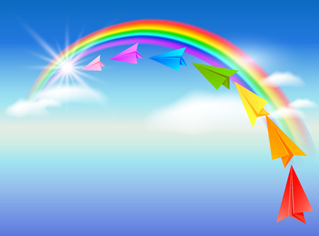 Colorful paper airplane flying to the rainbowのイラスト素材