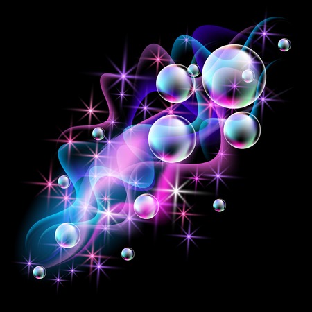 Magic glowing background with neon smoke, shining stars and fi spectacular bubblesのイラスト素材