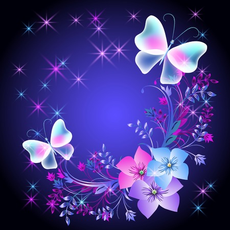 Glowing background with flowers, butterflies and starsのイラスト素材