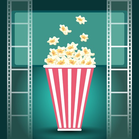 Package with popcorn in dark movie theater with luminous screen and film stripのイラスト素材