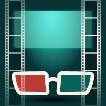 3d glasses in dark movie theater with luminous screen and film stripのイラスト素材