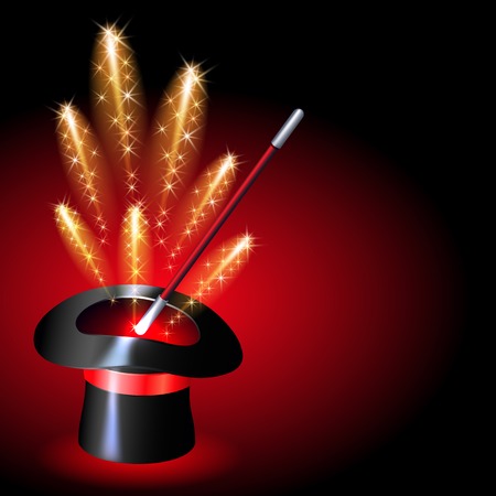 Conjurer hat with magic wand and sparkle fireworks on red backgroundのイラスト素材