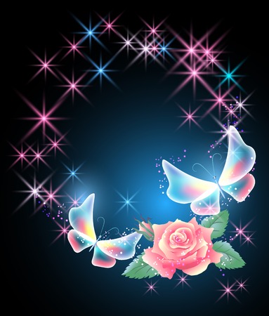 Glowing background with rose, butterflies and starsのイラスト素材