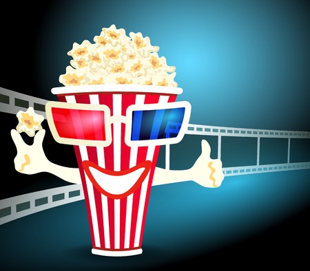 3d glasses put on a box with popcorn, who smilesのイラスト素材