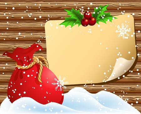 Christmas paper signboard on wooden wall and santa bagのイラスト素材